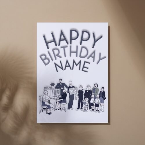 Flat lay of personalised The Broons birthday card on wooden table, showing front design clearly.