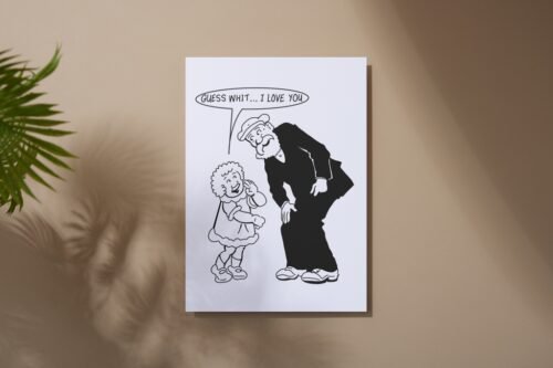 The Broons card displayed on table with focus on the black-and-white comic style