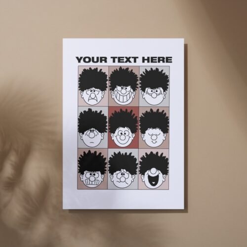 Dennis the Menace card laid flat on table showing custom message on the front