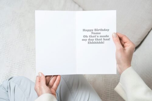 Close-up of retro comedy birthday card printed on premium matte stock