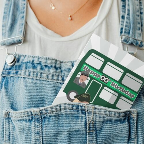 Funny retro birthday card peeking from a denim pocket, featuring On the Buses design