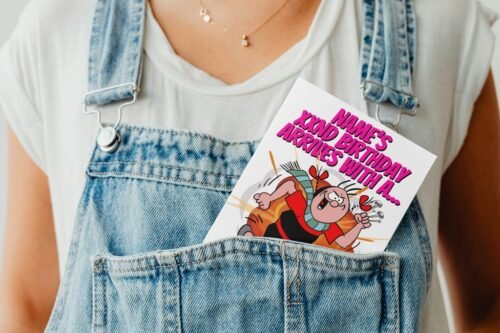 Personalised comic card peeking from a denim pocket, featuring Beryl the Peril artwork