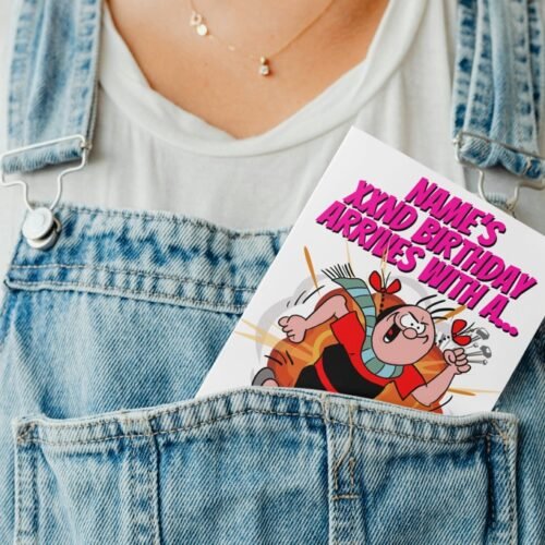 Personalised comic card peeking from a denim pocket, featuring Beryl the Peril artwork