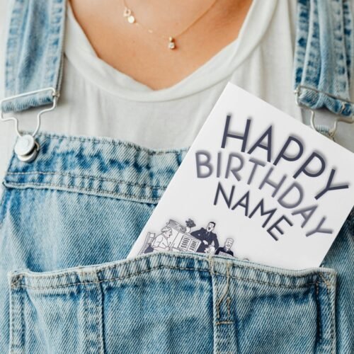 The Broons personalised birthday card partially tucked into a jacket pocket, showing a glimpse of the fun cartoon design and birthday message.