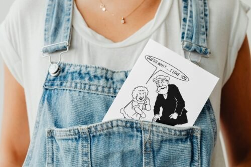 The Broons personalised card partially tucked in a denim pocket – ready to gift
