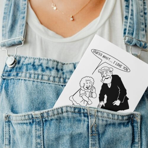 The Broons personalised card partially tucked in a denim pocket – ready to gift