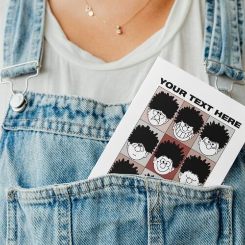 Dennis the Menace personalised card tucked into denim jeans pocket for gifting