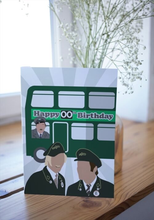 On the Buses card on a table with bright green bus and customisable age