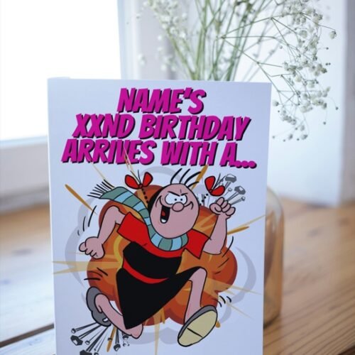 Birthday card with custom name and age on explosive front design