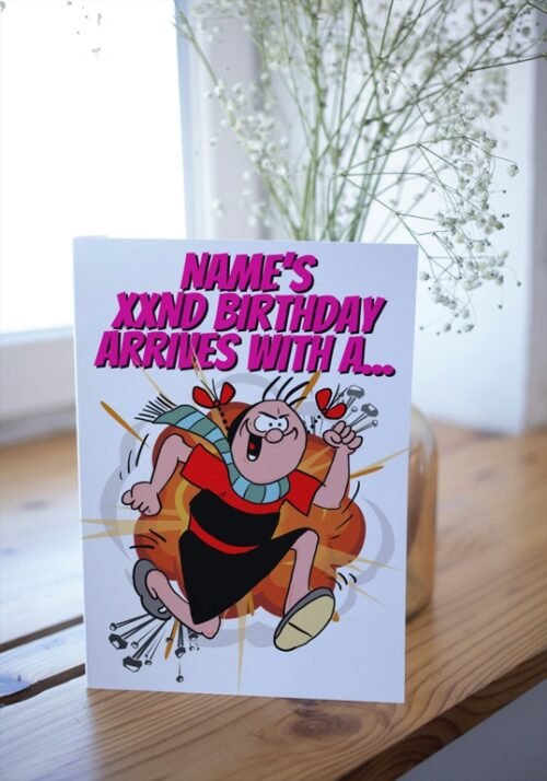 Birthday card with custom name and age on explosive front design