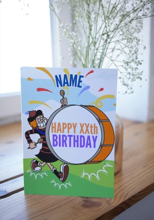 Minnie the Minx birthday card displayed on wooden surface, showing name and age