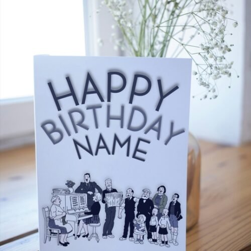Open card on table with visible personalised inside text: “To [Name], Happy Birthday!”