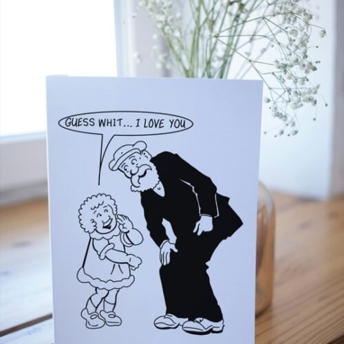 The Broons card displayed on table with focus on the black-and-white comic style