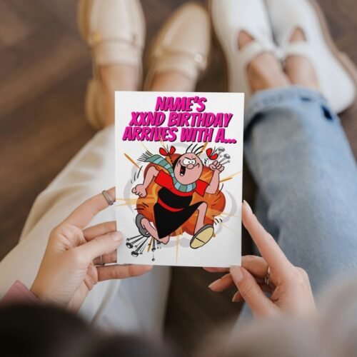 Funny comic card with retro Beano-inspired design held in hand