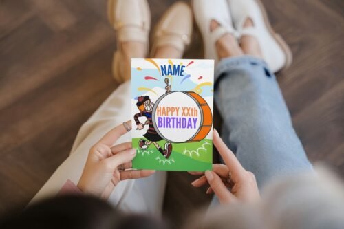 Minnie the Minx custom birthday card with name and age, held in hand for scale