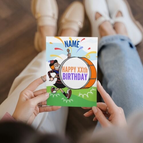 Minnie the Minx custom birthday card with name and age, held in hand for scale