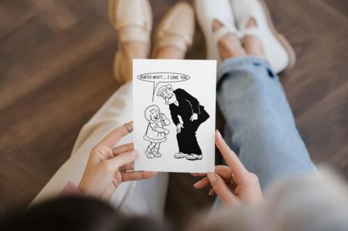 Broons card in hand highlighting retro illustration and bold message