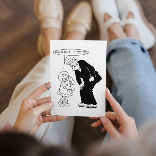 Broons card in hand highlighting retro illustration and bold message