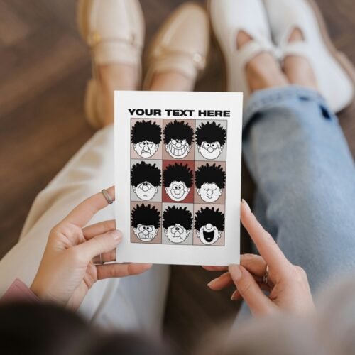 Close-up of Dennis the Menace pulling faces, held in hand with bold Beano artwork