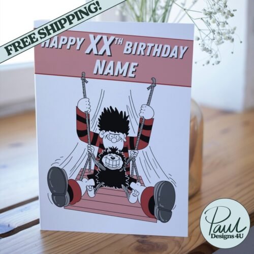 Comic-style card with name and age customisation, placed on wooden surface