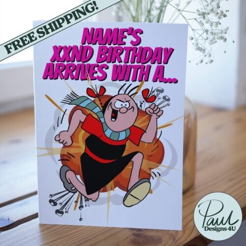Birthday card with custom name and age on explosive front design