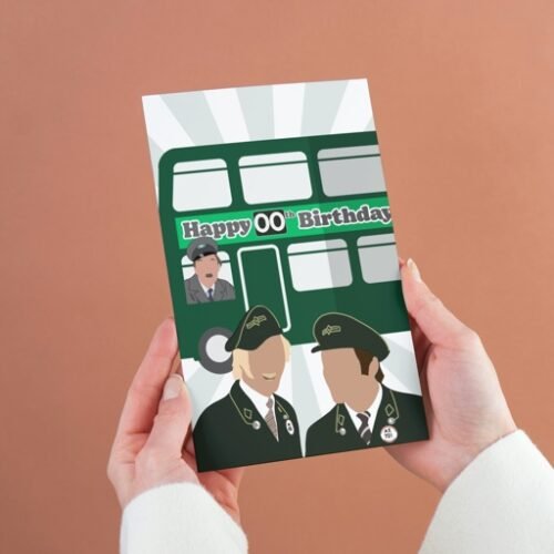 On the Buses personalised birthday card held in hand, showing custom age on the bus
