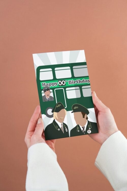 On the Buses personalised birthday card held in hand, showing custom age on the bus