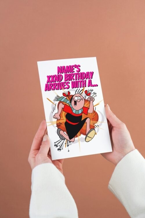Funny comic card with retro Beano-inspired design held in hand