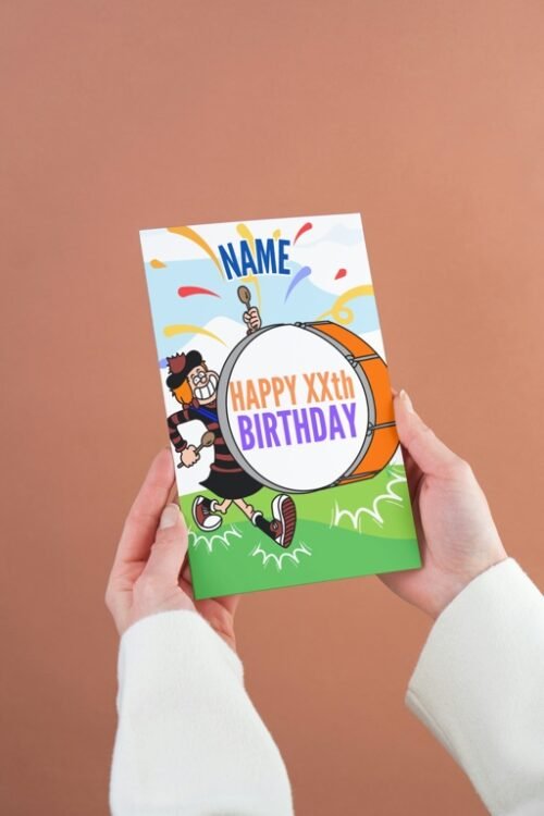 Comic-style personalised card featuring Minnie banging a birthday drum, shown in hand