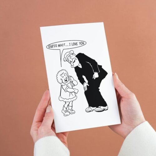 Broons card in hand highlighting retro illustration and bold message