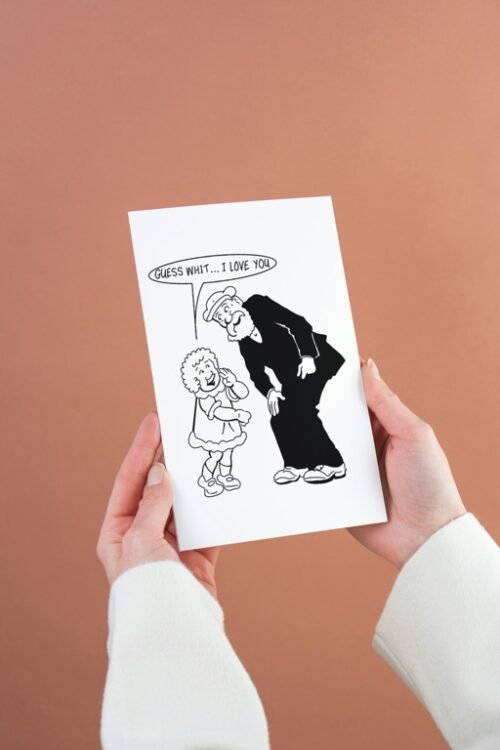 Broons card in hand highlighting retro illustration and bold message