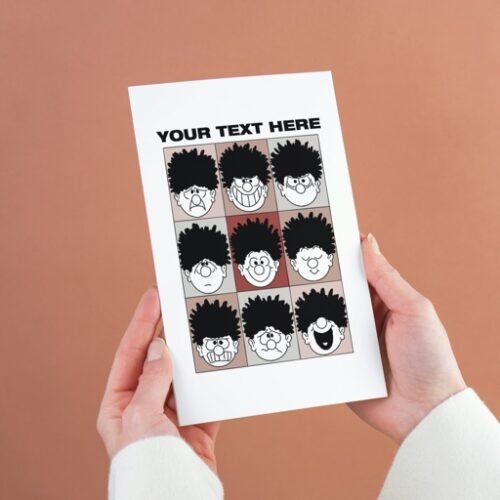 Front view of the Dennis the Menace greeting card held by hand, displaying personalised text