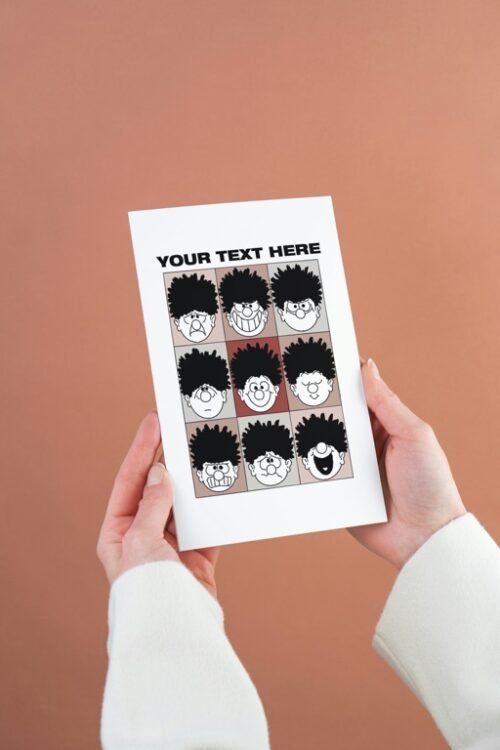 Front view of the Dennis the Menace greeting card held by hand, displaying personalised text