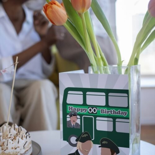 Birthday card showing Blakey and the bus crew with Happy Birthday message