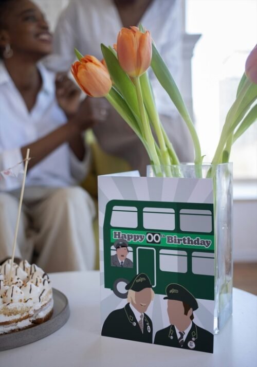 Birthday card showing Blakey and the bus crew with Happy Birthday message