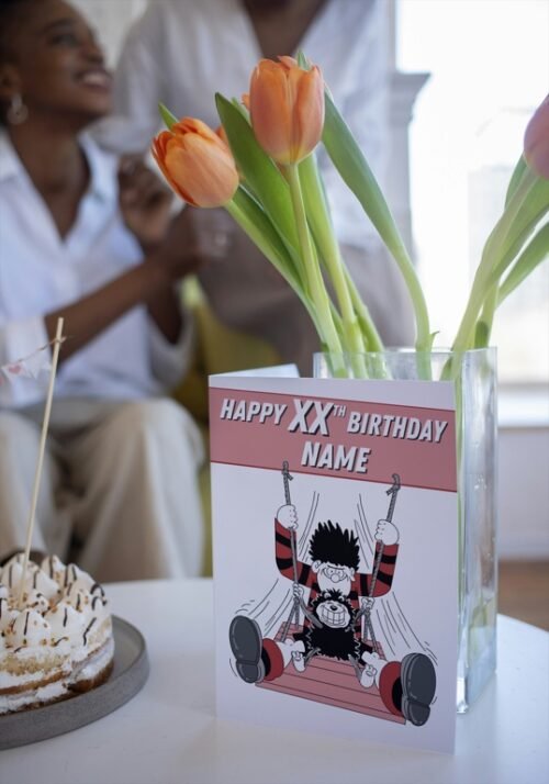 Beano-inspired card featuring Dennis and Gnasher, ready to personalise