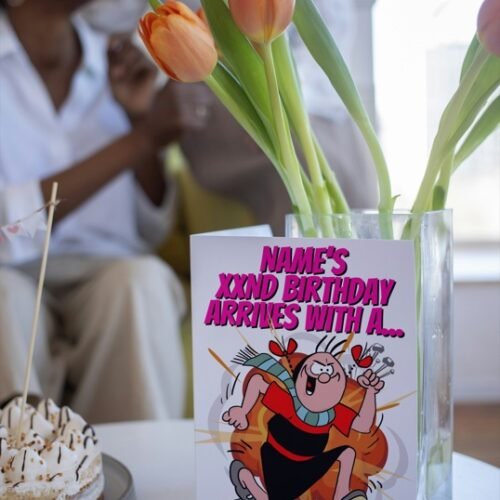 Illustrated retro comic birthday card featuring Beryl and dynamic text