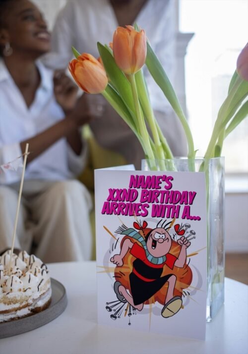 Illustrated retro comic birthday card featuring Beryl and dynamic text