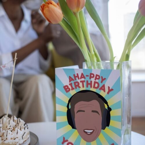 Comedy birthday card with bold text and iconic British character