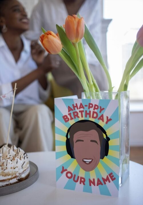 Comedy birthday card with bold text and iconic British character