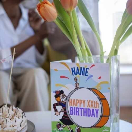 Front of comic birthday card with personalised details and retro design