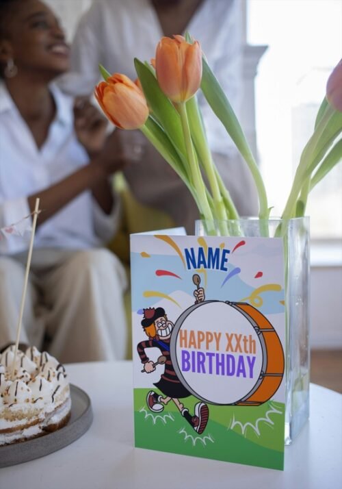 Front of comic birthday card with personalised details and retro design