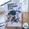 Beano-inspired birthday card with red, black and yellow comic styling on table display